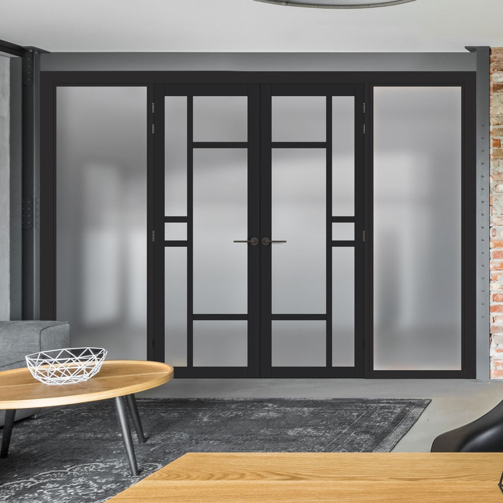 Room Divider Black Asymmetric Grid Industrial Glass Partition