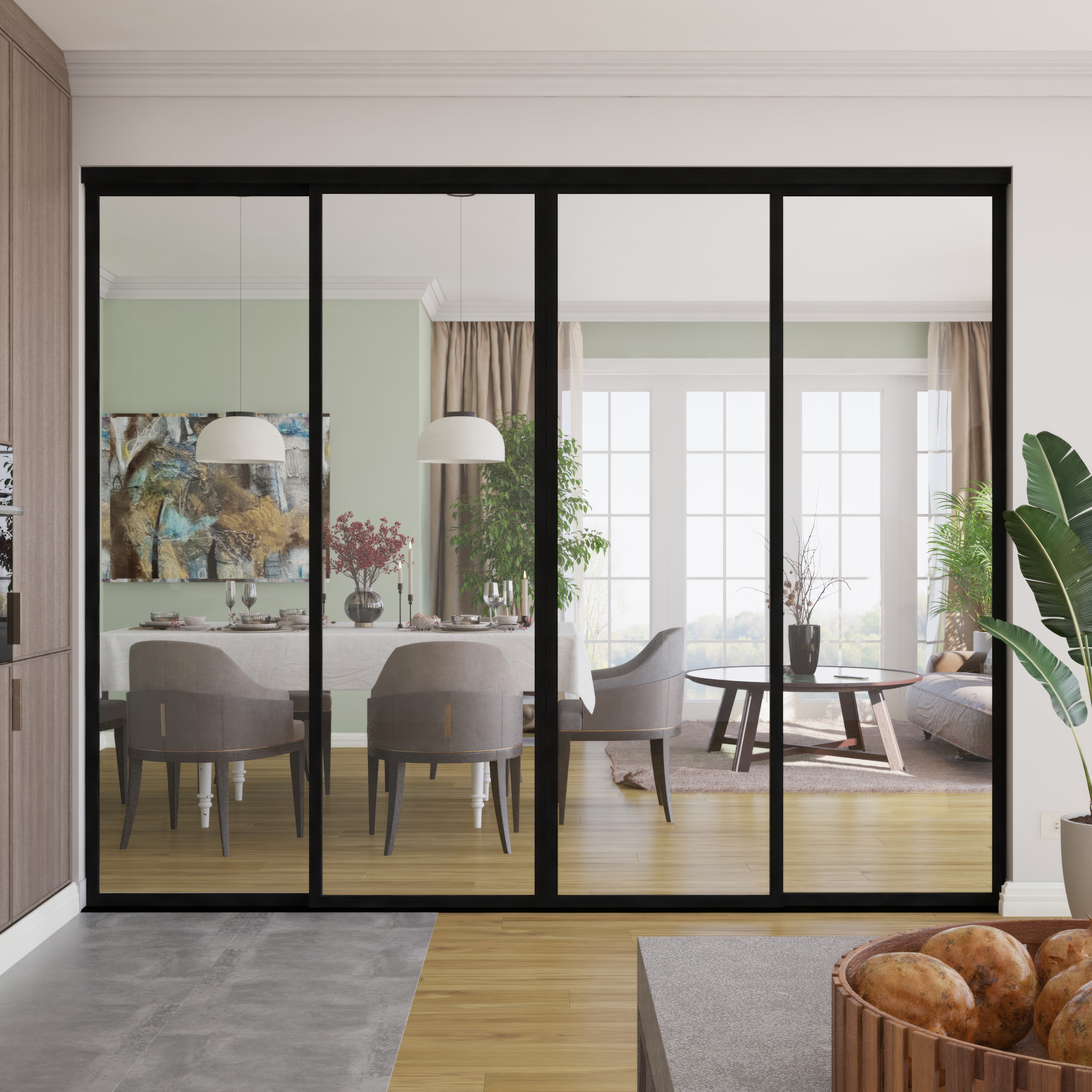 Room Divider Matte Black Four Panels Floor To Ceiling Sliding Doors