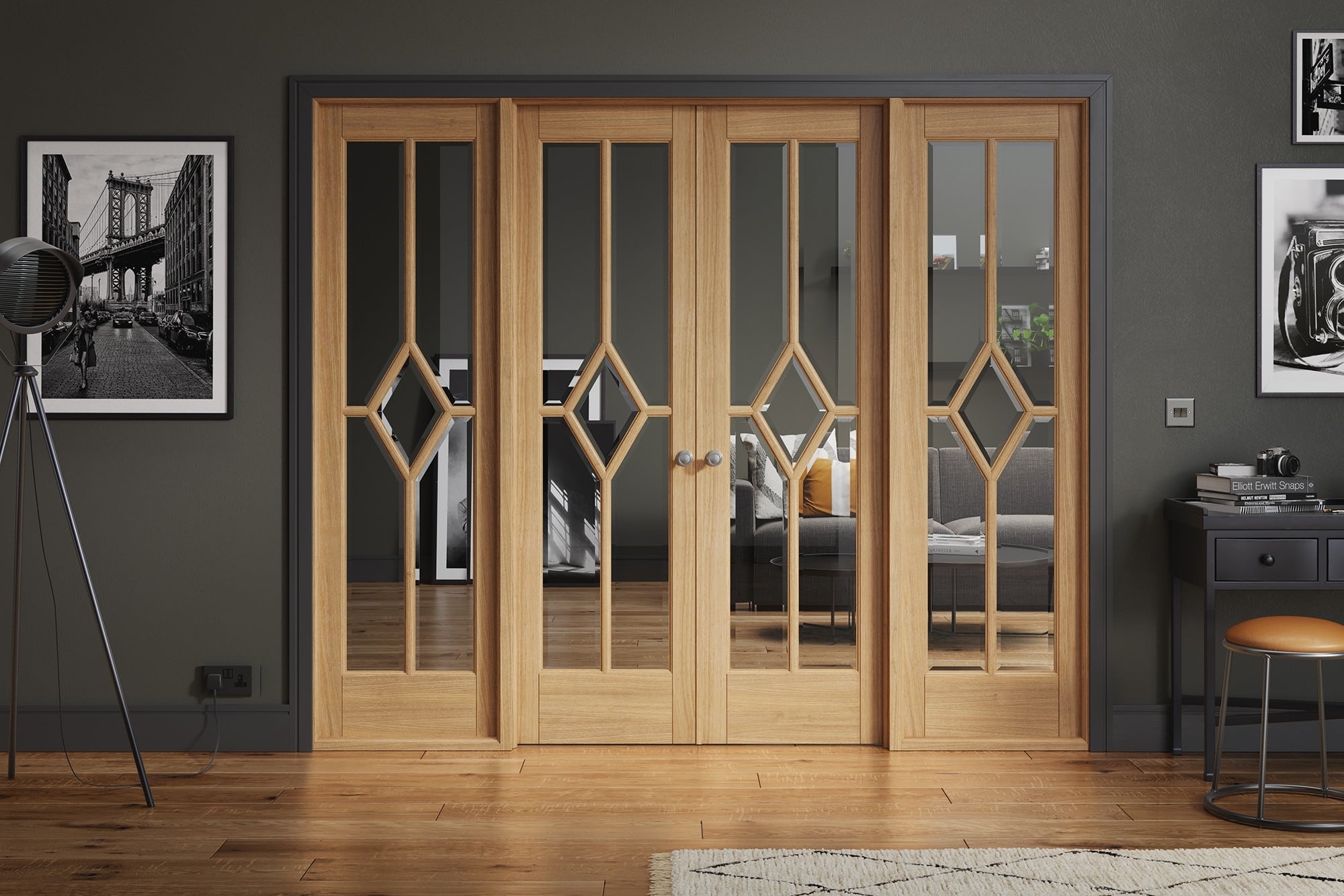 Room Divider Oak Diamond Glazing Glazed Four Panel Doors