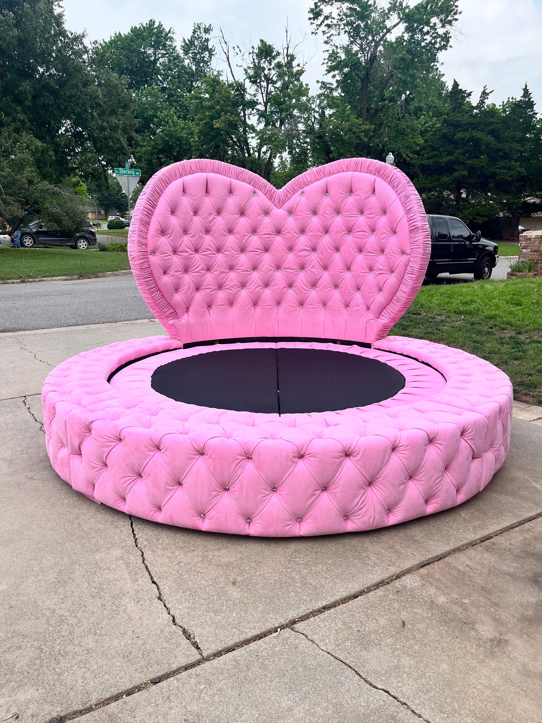 Round Bed Bubblegum Pink Velvet Heart Shaped Headboard Tufted Glam