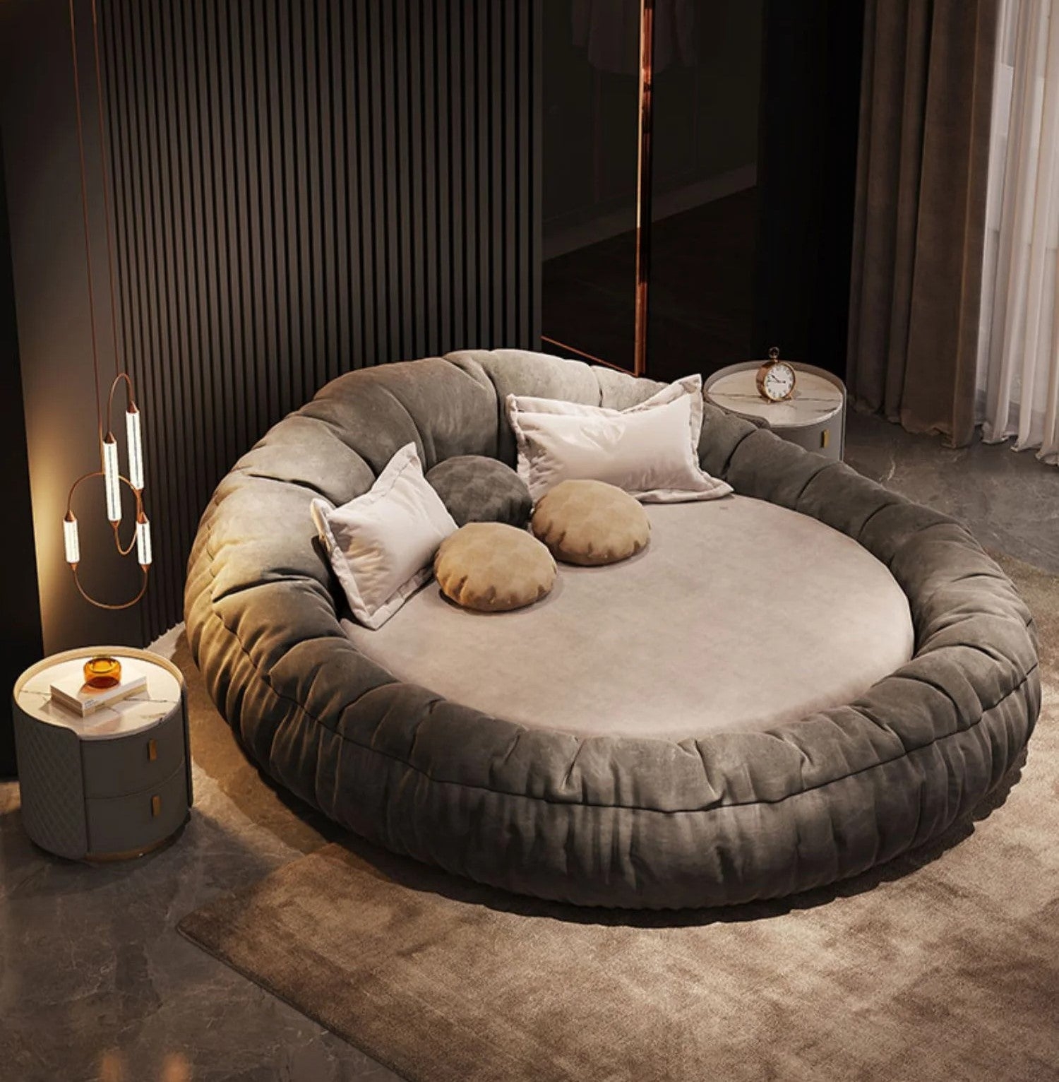 Round Bed Charcoal Velvet Ruched Bolster Rim Italian Modern Design