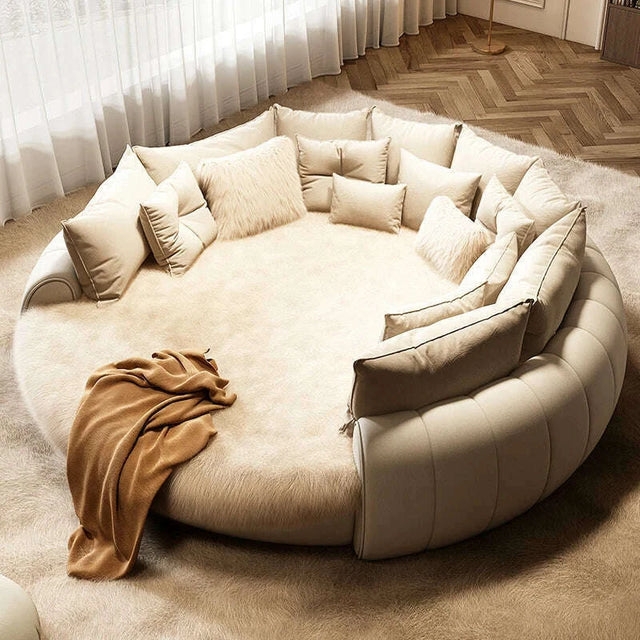 Round Bed Cream Faux Fur Ribbed Upholstery Multi-pillow Italian Style