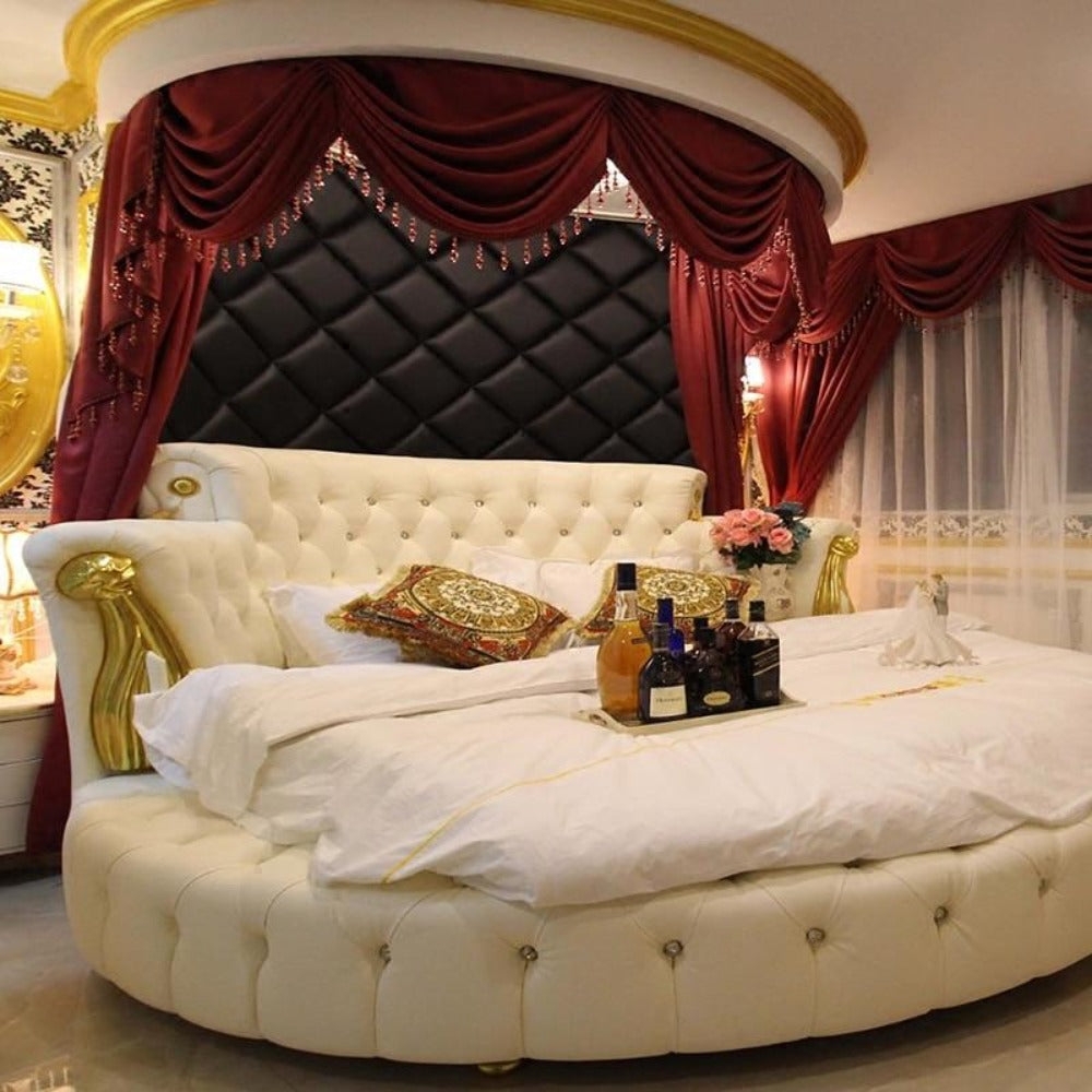 Round Bed Cream Tufted Leather-like Ornate Red Canopy Baroque Style