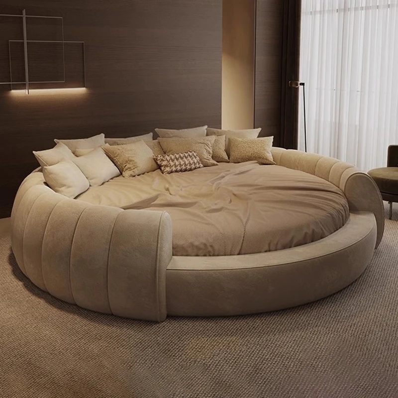 Round Bed Cream Woven Fabric Vertical Channel Tufting Low Profile