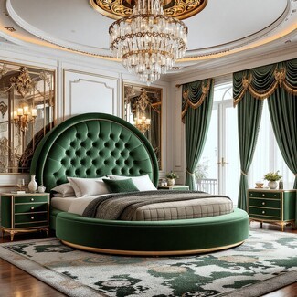 Round Bed Emerald Green Velvet Polished Gold Trim Tufted Neoclassical