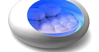 Round Bed Enclosed Pod White with Blue LED Lighting Retro-futuristic