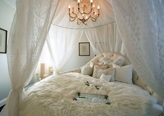 Round Bed Ivory Sheer Canopy Faux Fur Tufted Romantic Glam Interior