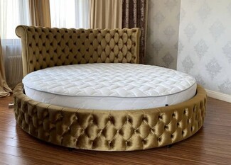 Round Bed Mustard Gold Velvet Button Tufted Curved Rolled Headboard