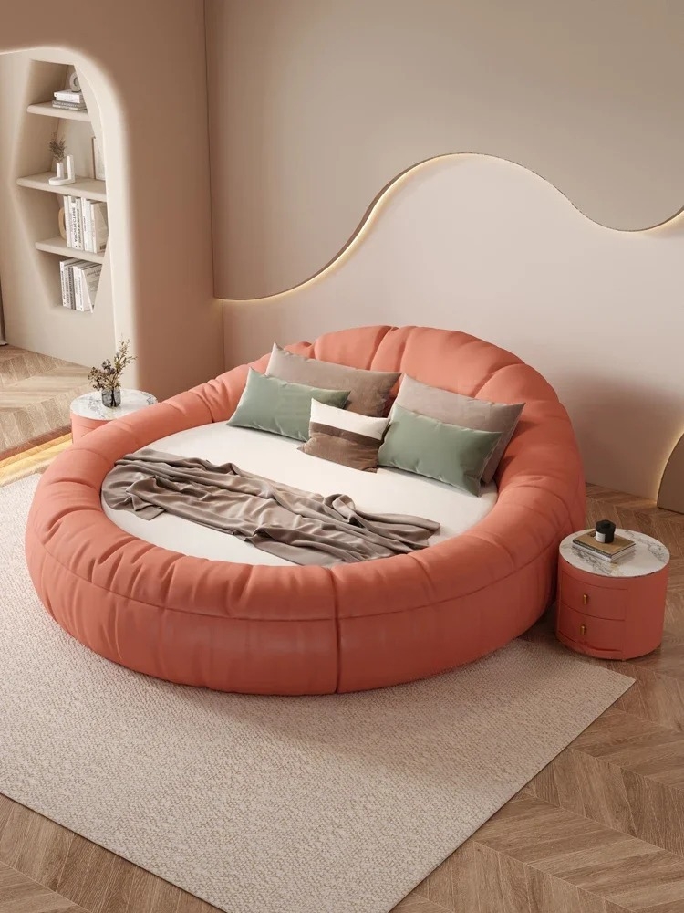 Round Bed Muted Coral Upholstered Segmented Bolster Organic Modern