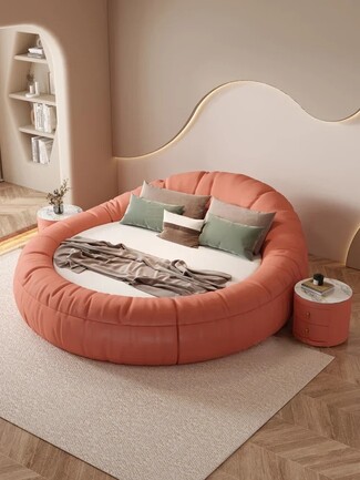 Round Bed Muted Coral Upholstered Segmented Bolster Organic Modern