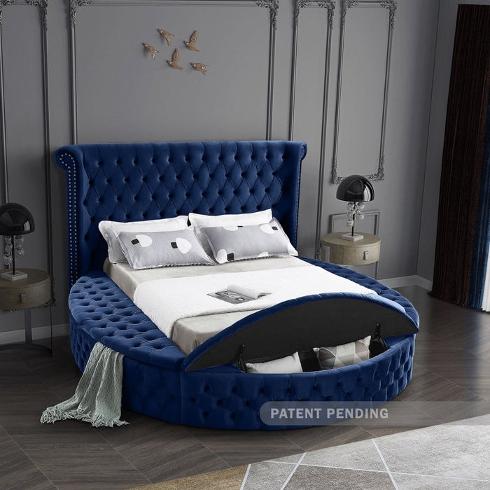 Round Bed Navy Blue Velvet Diamond Tufted Winged Storage Nailhead