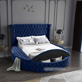 Round Bed Navy Blue Velvet Diamond Tufted Winged Storage Nailhead
