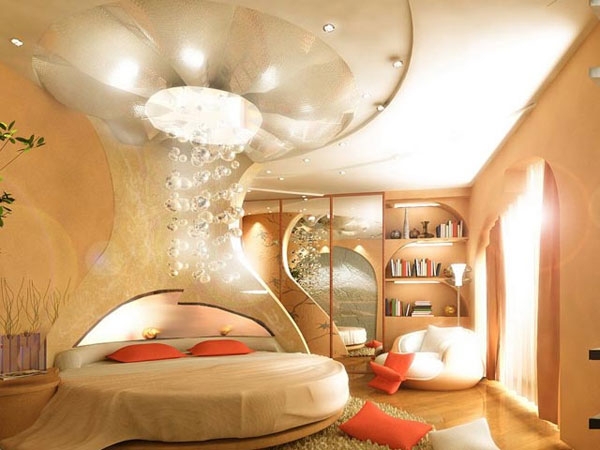 Round Bed Warm Beige with Orange Accents Organic Futuristic Design