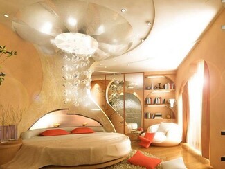 Round Bed Warm Beige with Orange Accents Organic Futuristic Design