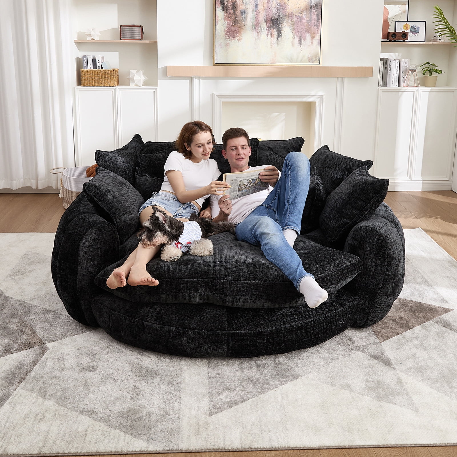 Round Chaise Lounge with Fourteen Pillows in Charcoal Black