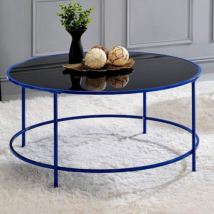 Round Coffee Table Black Glass Top & Cobalt Metal Frame