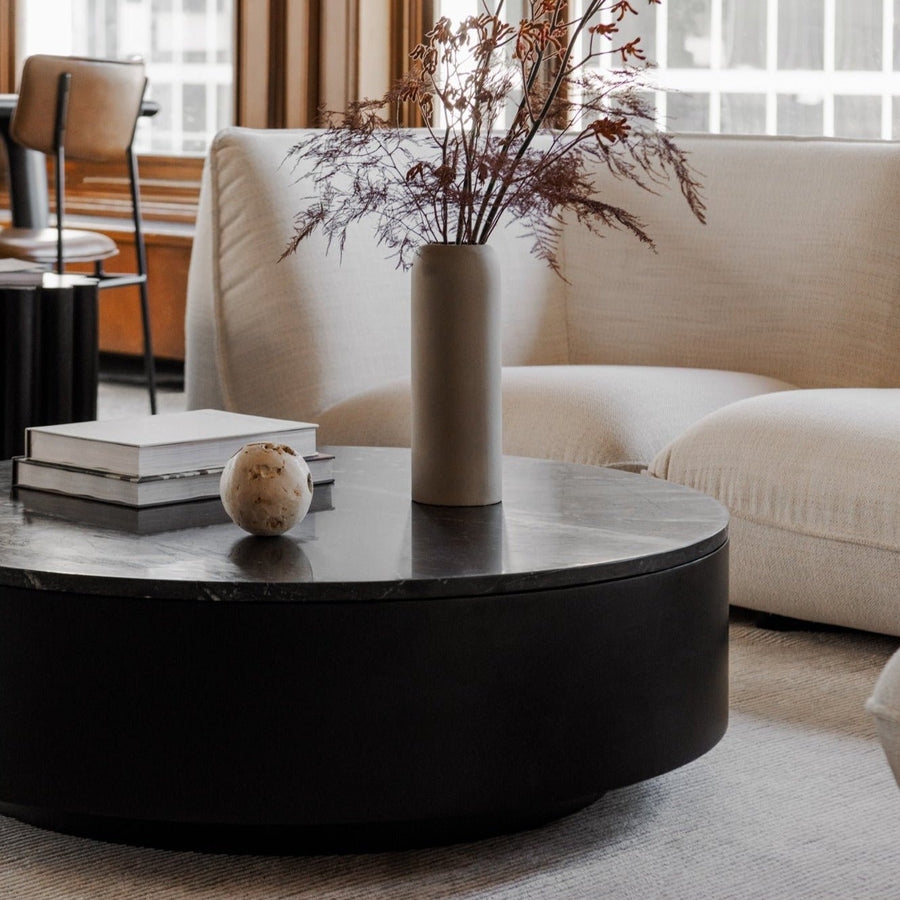 Round Coffee Table having Matte Black Drum and Plinth