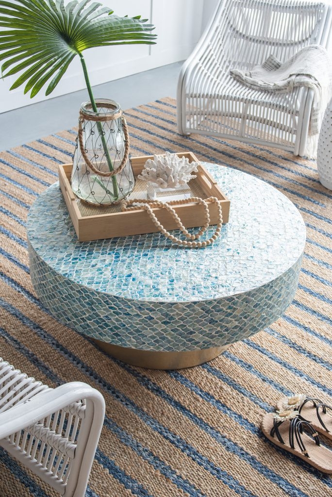 Round Coffee Table Iridescent Capiz Shell Scalloped Style