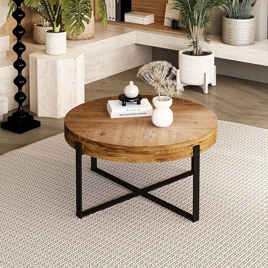 Round Coffee Table Radial Grain Top with Black X-Frame Base