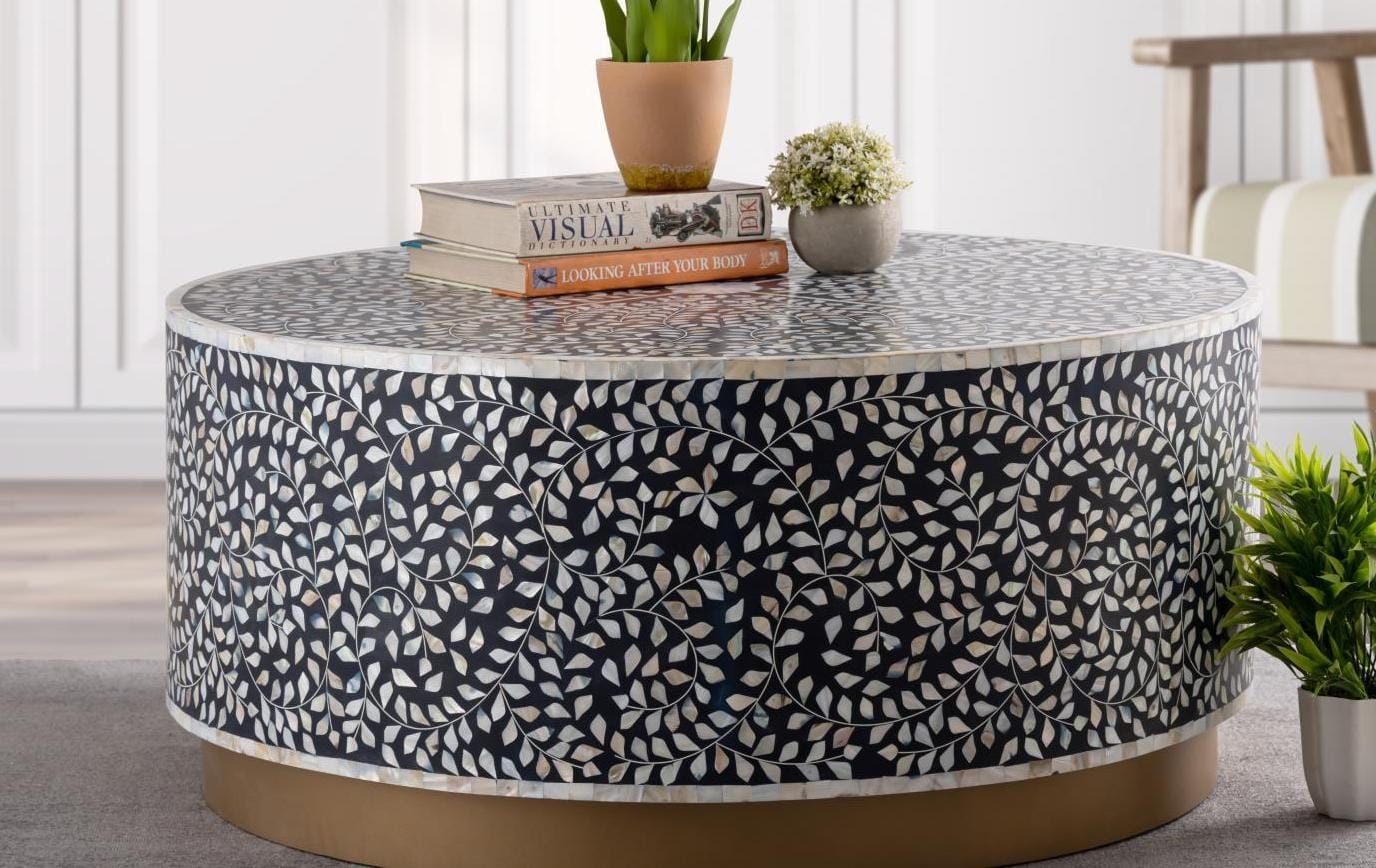 Round Coffee Table Vine Inlay Pattern & Gold Metal Base
