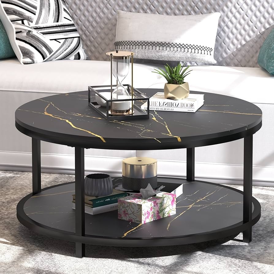 Round Coffee Table with Tiered Design and Open Shelf