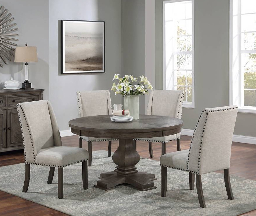 Round Dining Set: Weathered Gray Wood Nailhead Trim Set
