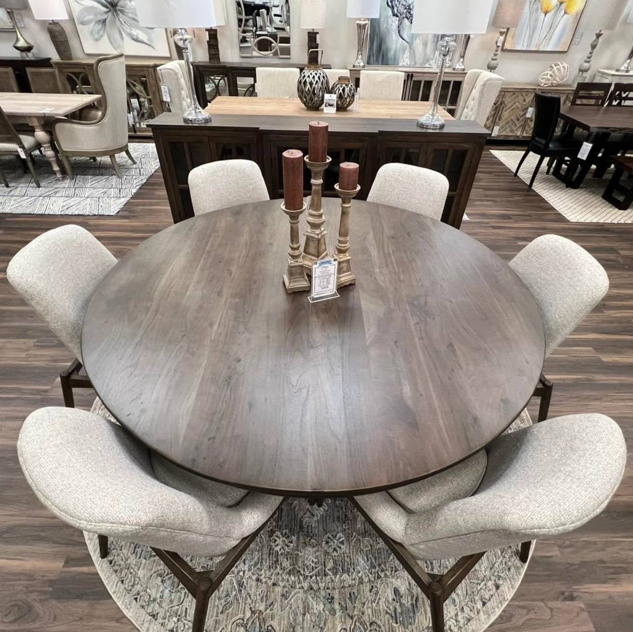 Round Dining Table 72 Inch in Smoke Grey Wood with Pedestal Base.