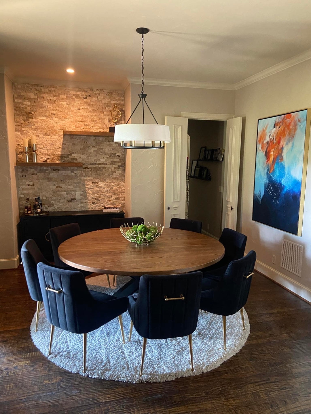 Round Dining Table: 72 Inch Large Navy Velvet Dining Set