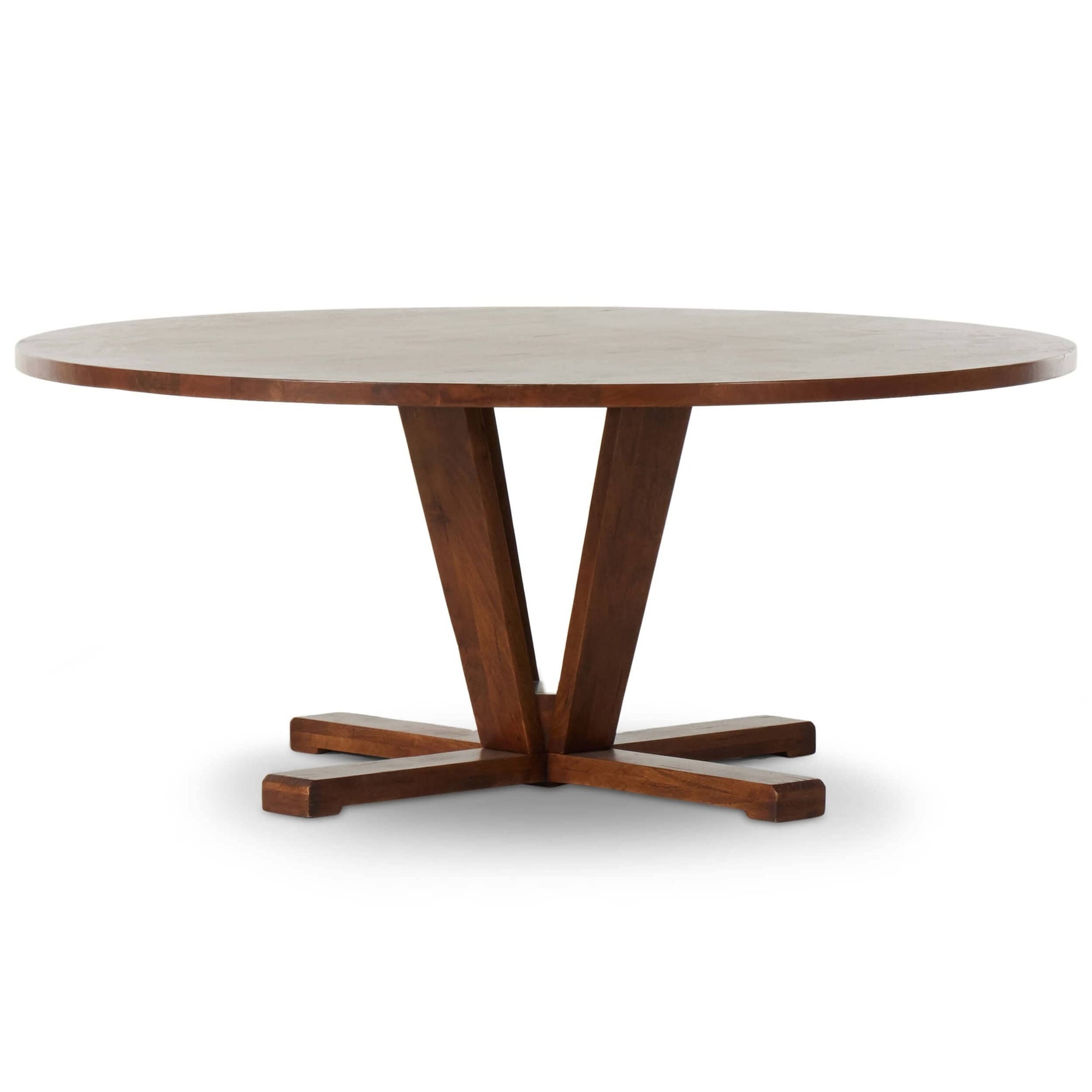 Round Dining Table 72 Inch Reclaimed Mango Wood with Geometric V-Base.