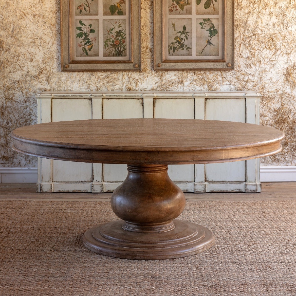 Round Dining Table 72 Inch Rustic Pine with Bulbous Pedestal Base.
