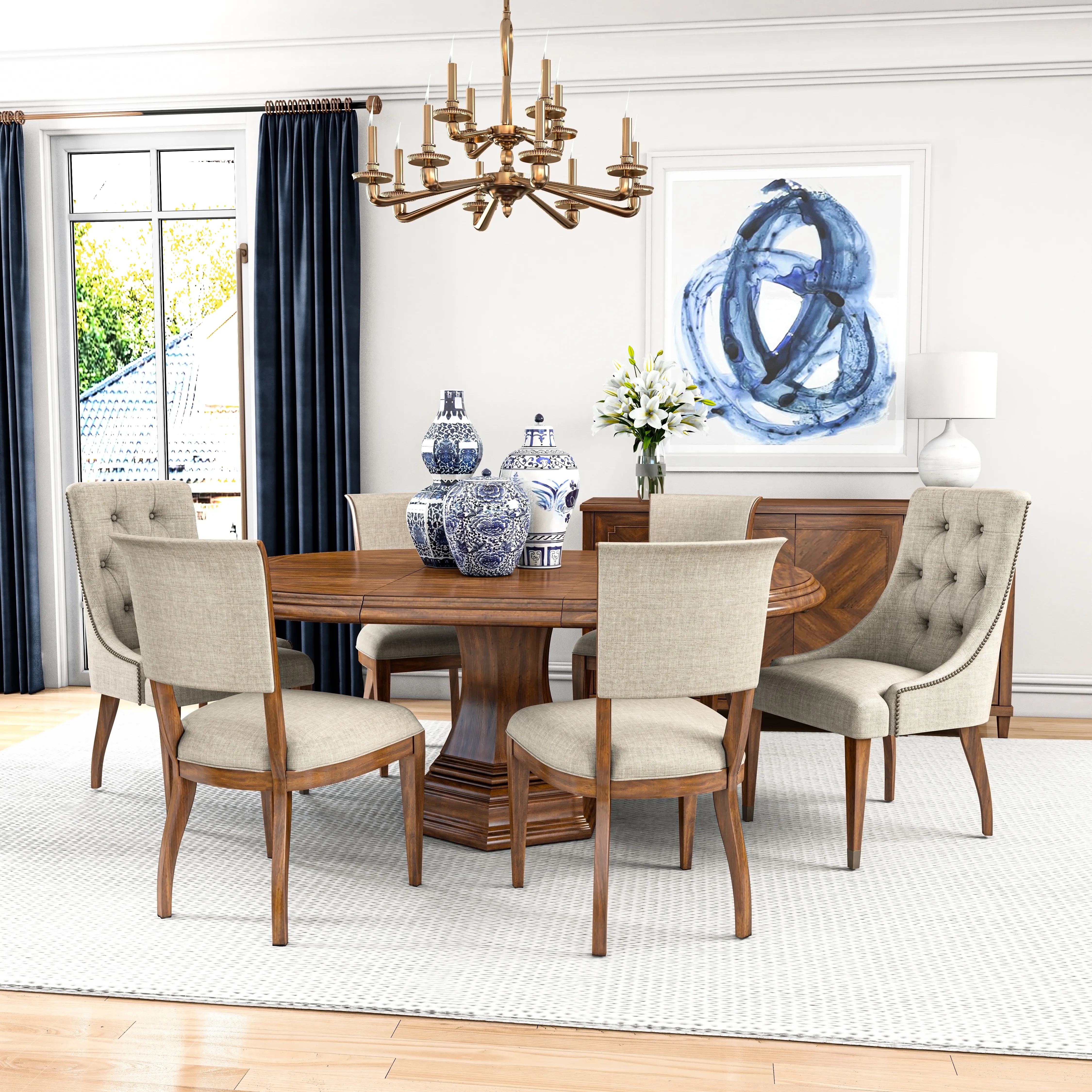 Round Dining Table 72 Inch Transitional with Architectural Tiered Pedestal.