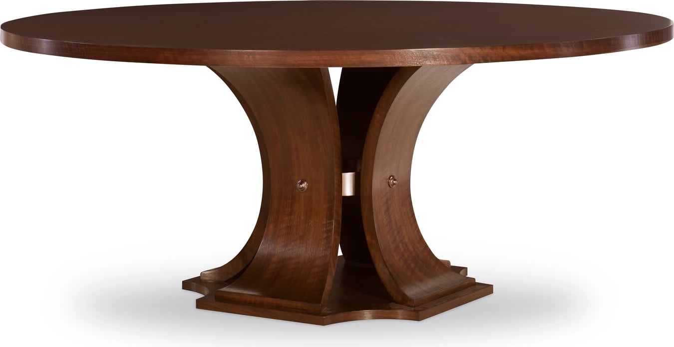 Round Dining Table 72 Inch Walnut with Sculptural Curved Pedestal Base.