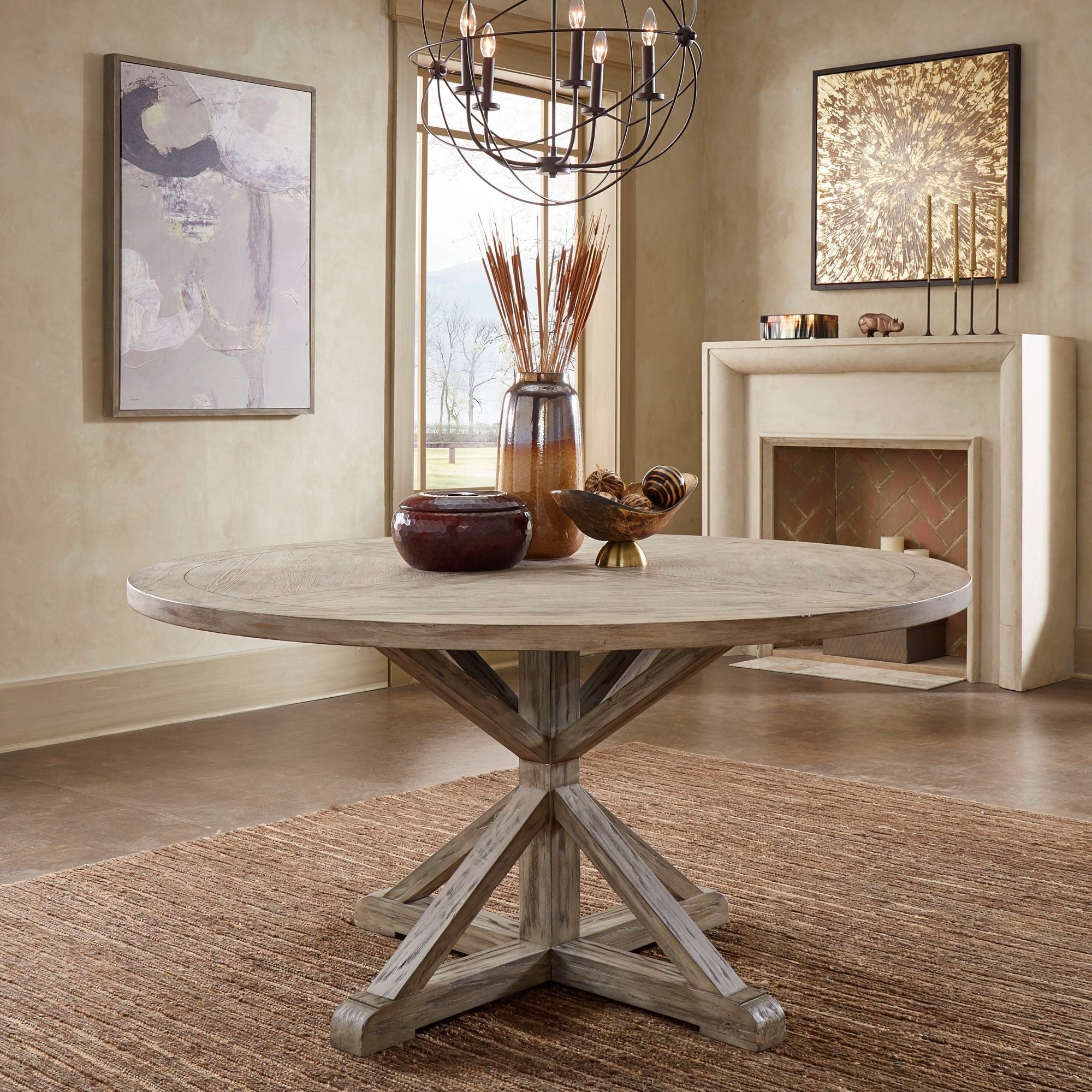Round Dining Table: Antique Gray X-Base Rustic Wood Table