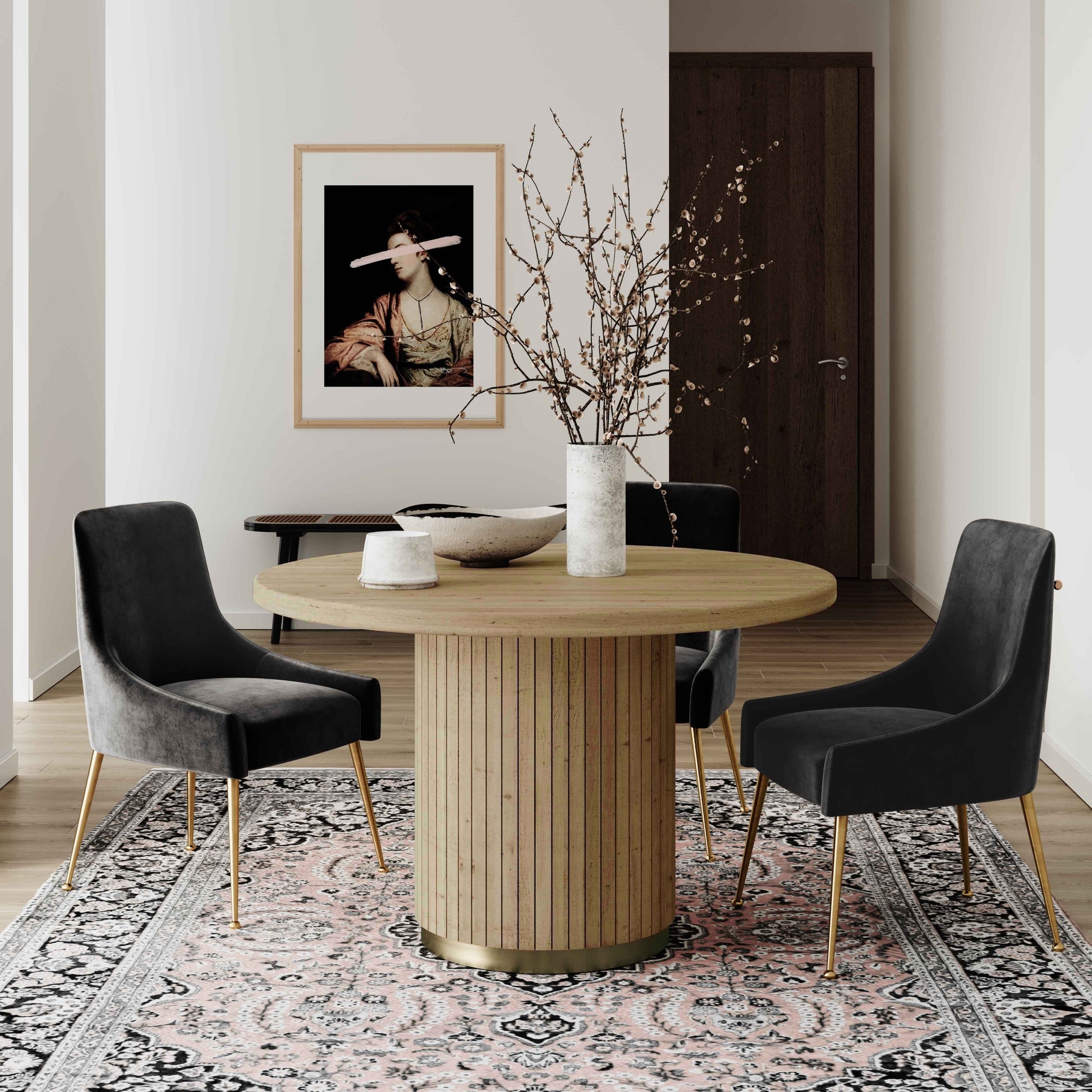 Round Dining Table: Ribbed Pedestal Slatted Wood Table