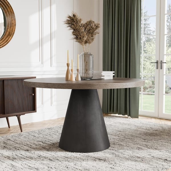 Round Dining Table: Rustic 54 Inch Conical Base Wood Table