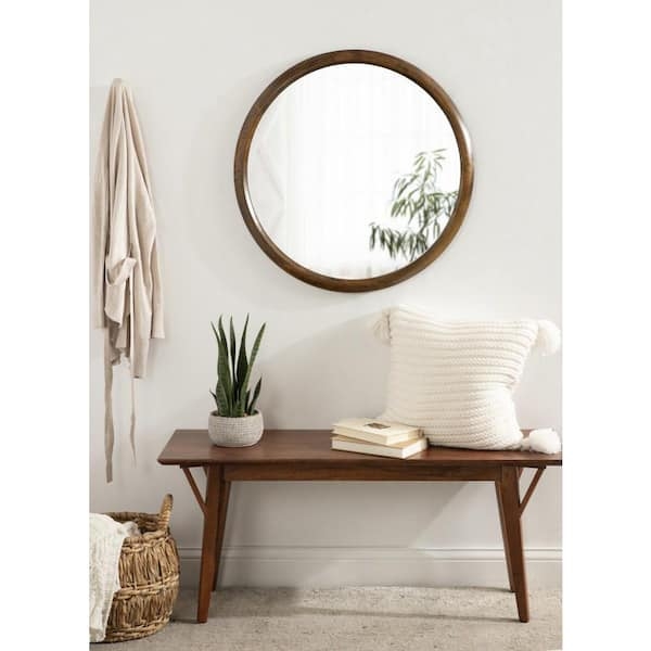 Round Mirror: 28 Inch Circular Walnut Wood Entryway Decor