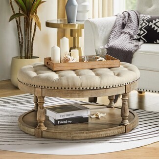 Round Ottoman Coffee Table: Two-Tier Tufted Turned Wood Legs