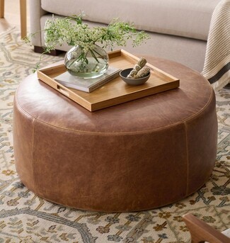 Round Ottoman: Cognac Leather Top Stitched Coffee Table Stool