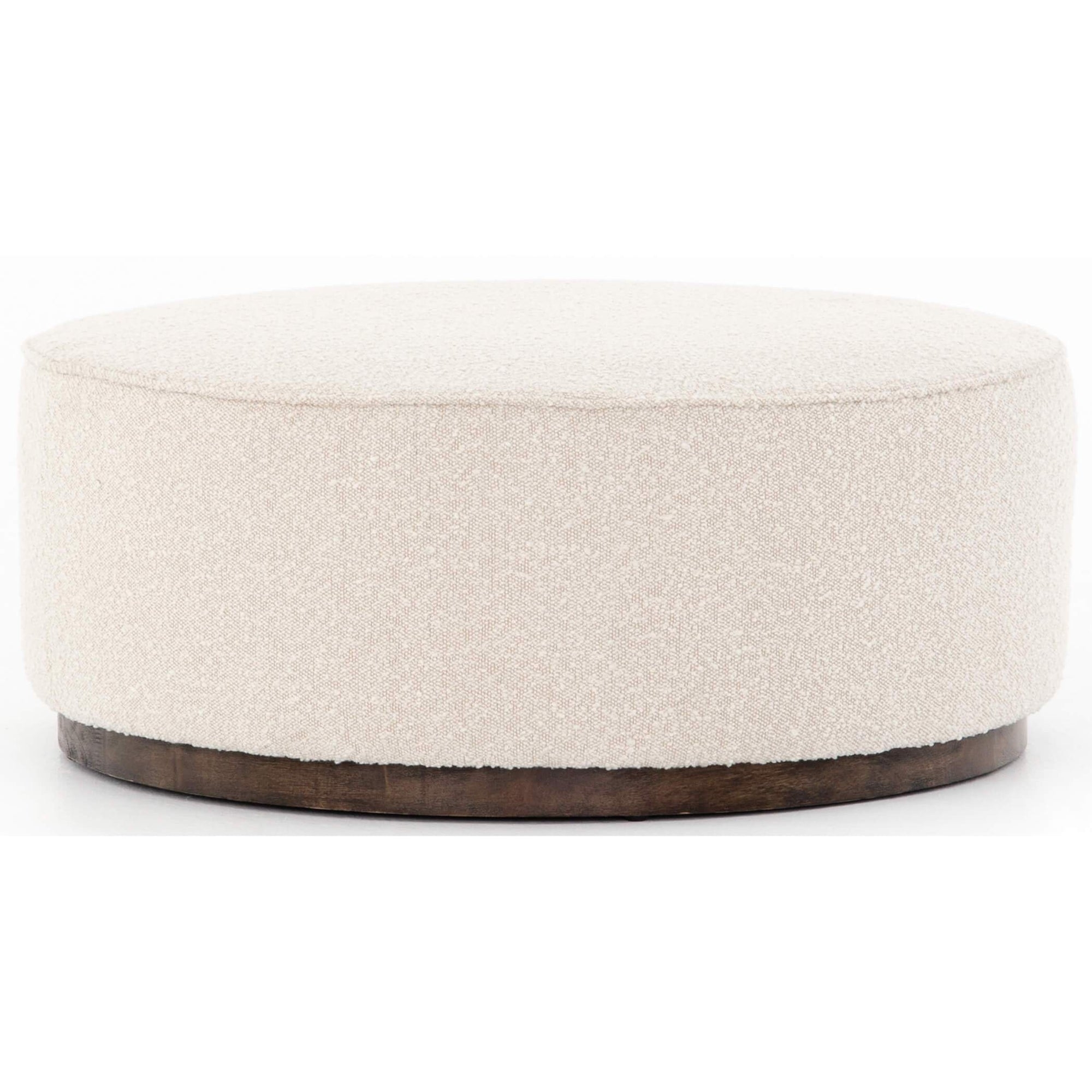 Round Ottoman: Cream Boucle Scale with Dark Wood Plinth Base