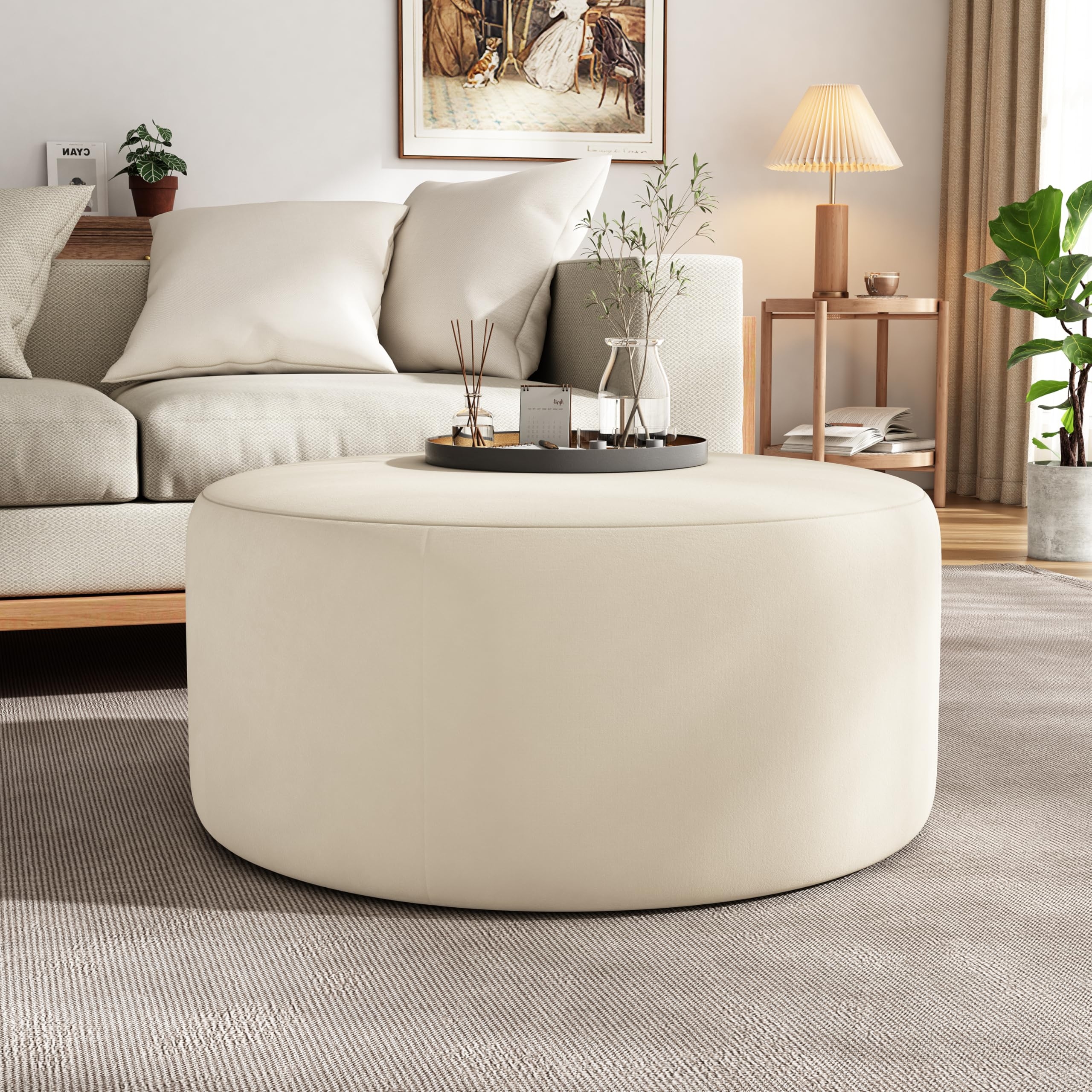 Round Ottoman: Cream Velvet Drum Silhouette Grand Scale