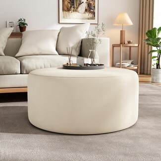Round Ottoman: Cream Velvet Drum Silhouette Grand Scale