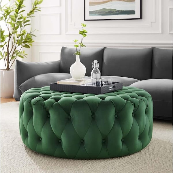 Round Ottoman: Emerald Green Velvet Diamond Tufted Cocktail Table