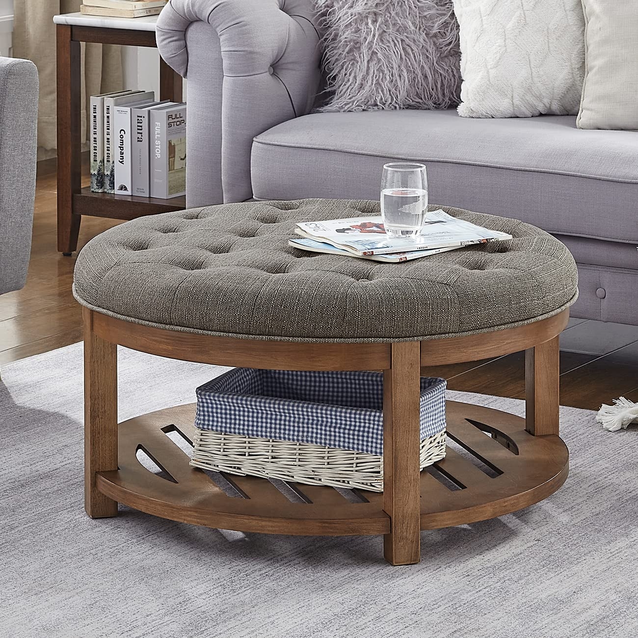 Round Ottoman: Granite Gray Tufted Seat Slatted Wood Shelf