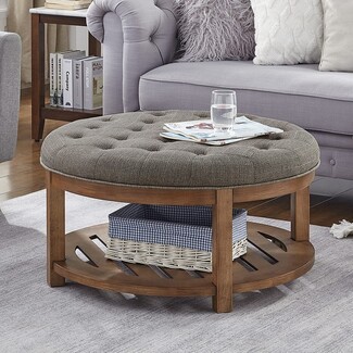 Round Ottoman: Granite Gray Tufted Seat Slatted Wood Shelf