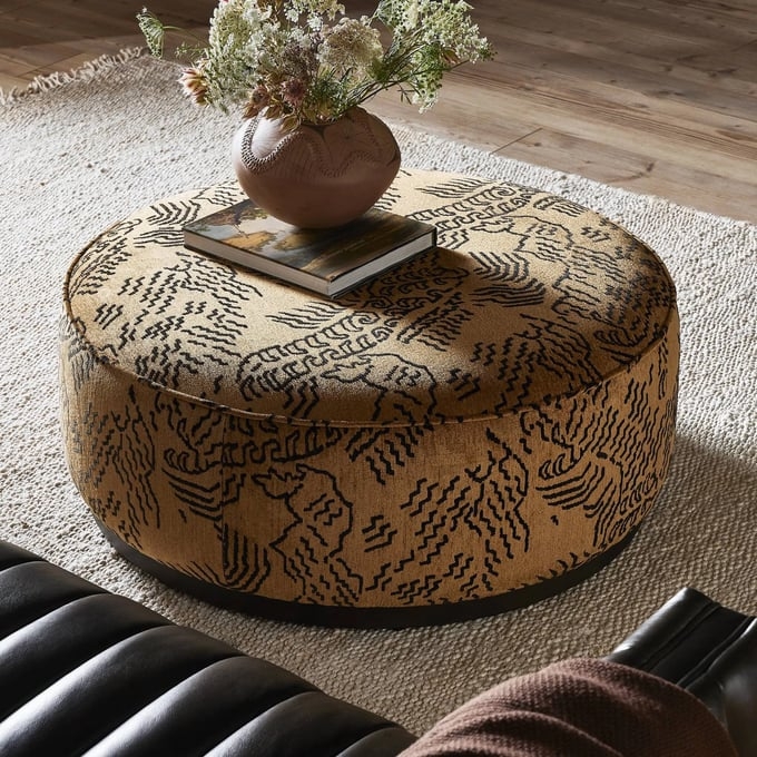 Round Ottoman: Graphic Ochre Yellow Patterned Print Silhouette