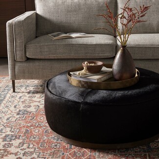 Round Ottoman: Matte Black Hide Texture Brass Base Drum Stool
