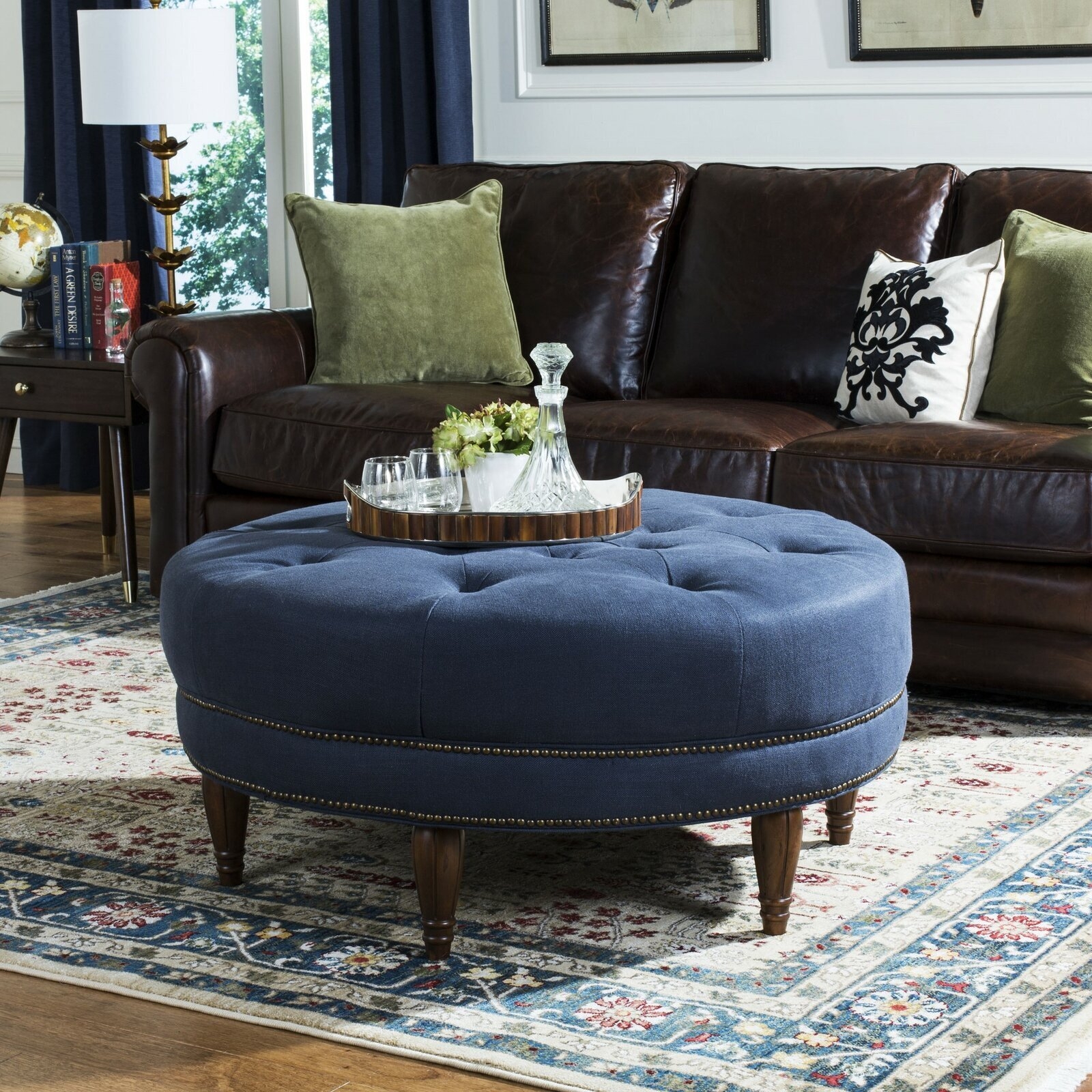 Round Ottoman: Navy Blue Diamond Tufted Nailhead Trim Center