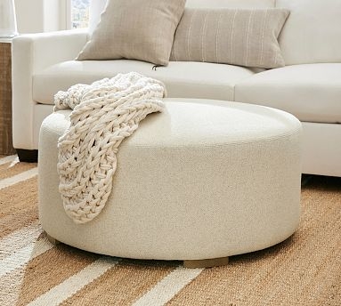Round Ottoman: Performance Basketweave Fabric Seadrift Legs