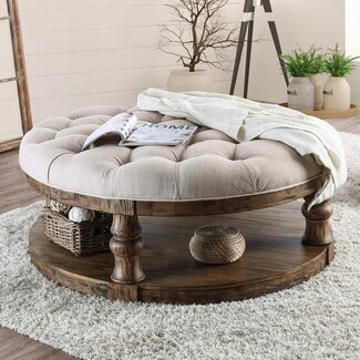 Round Ottoman: Rustic Open Storage Shelf Tufted Cocktail Seat