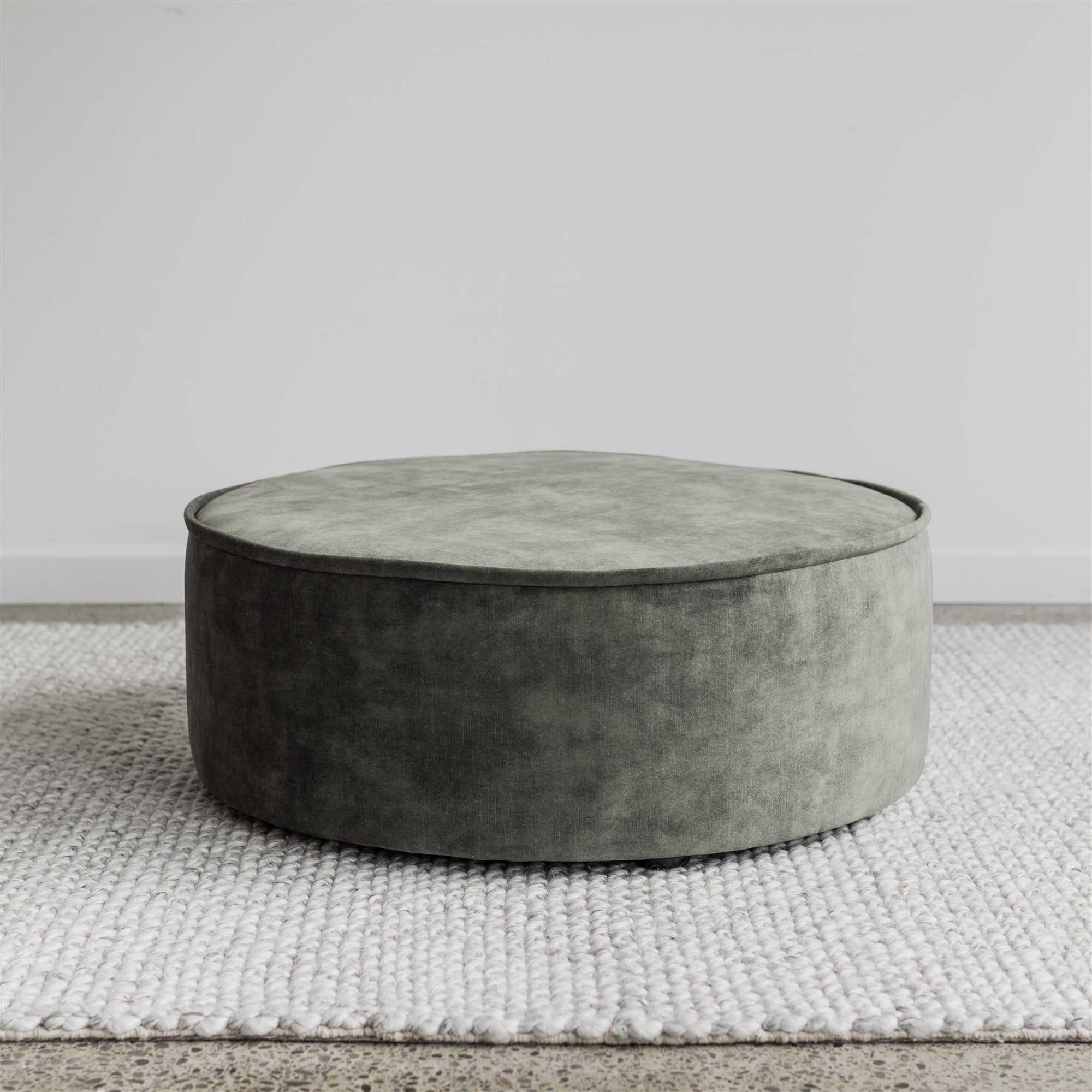 Round Ottoman: Sage Green Velvet Piped Edge Detail Footstool